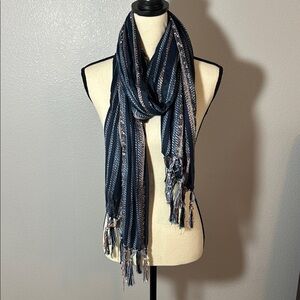 Chic Navy Striped Scarf with Fringe